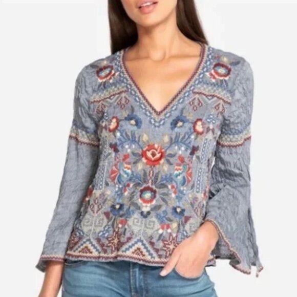 JOHNNY WAS CHAMBRAY EMBROIDERED BELL SLEEVE PEASANT BLOUSE